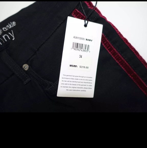 7 For All Mankind Skinny Ankle Black Jeans With Red Velvet Stripes - Picture 7 of 7